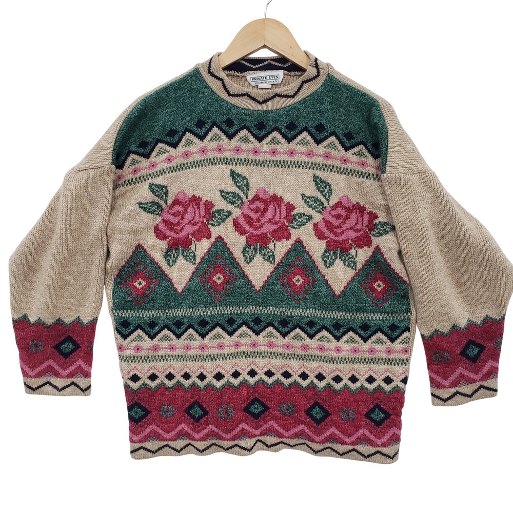 Private Eyes VTG 90s‎ Grandma Floral Fair Isle Mock Neck Sweater USA Cottagecore
